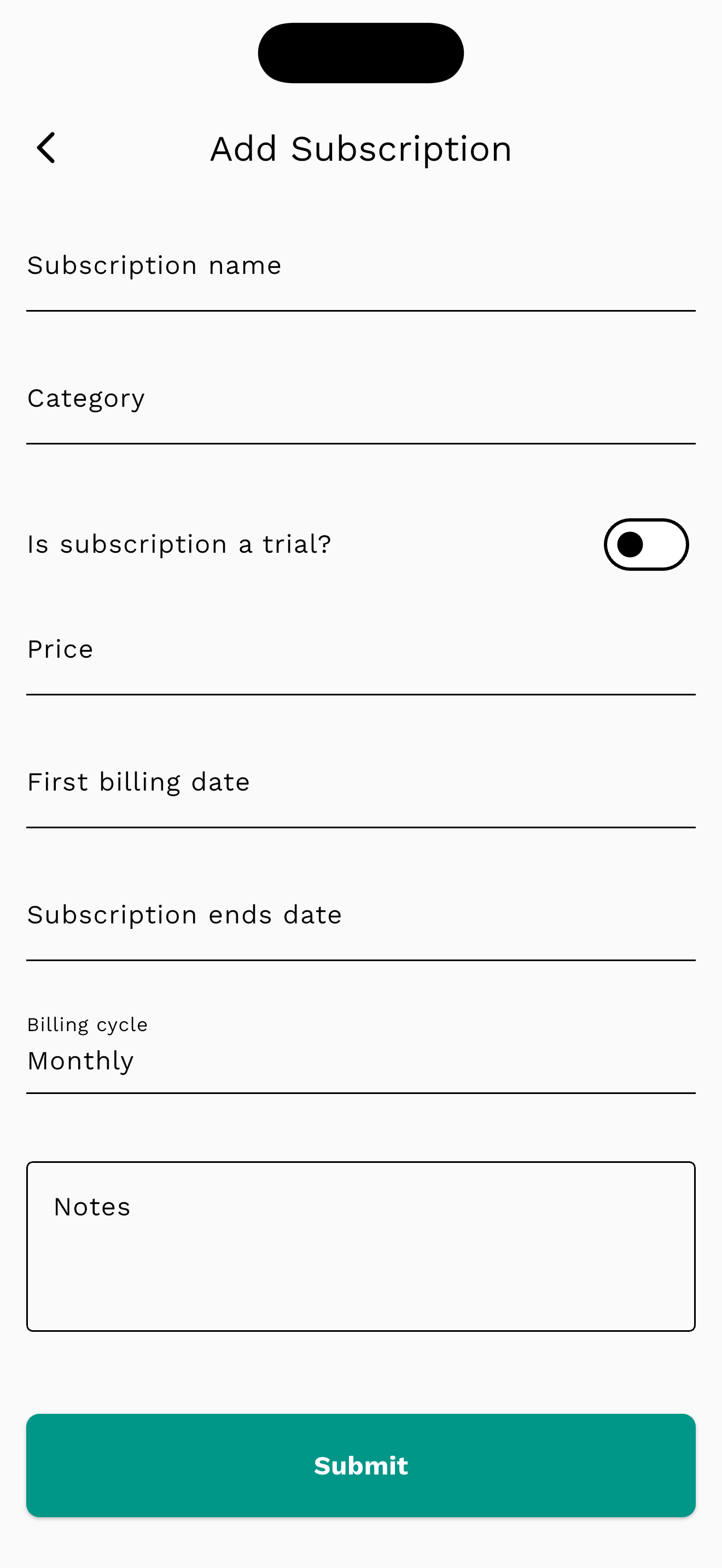 SubTrail screen showing subscription entries.
